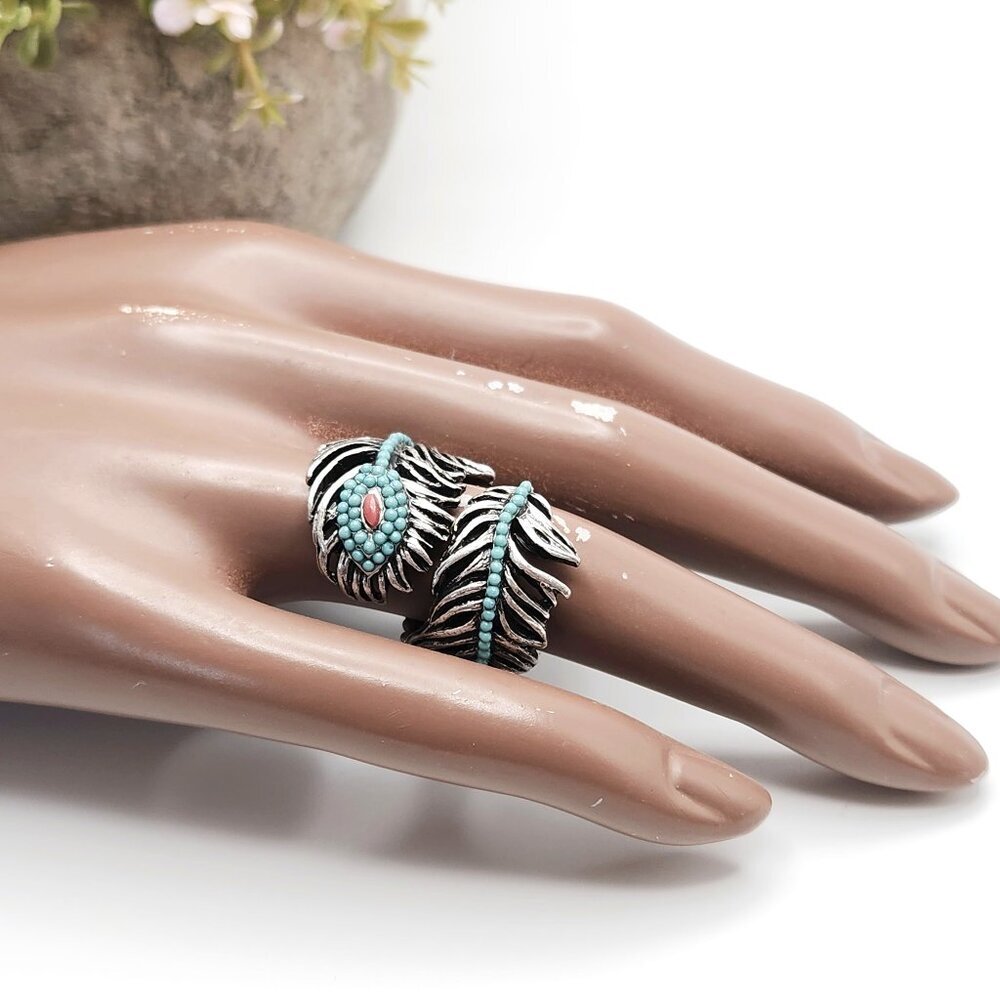 Lucky Brand Feather Wrap Style Southwestern Turquoise Coral Tone Ring Sz. 7